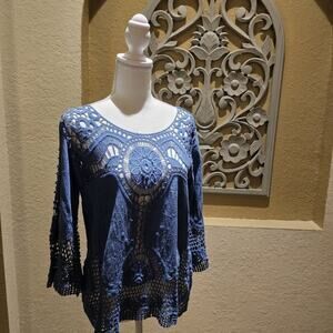 Taylor & Sage Woman's S Cotton Blue Crochet Lace Boho Top With 3/4 Sleeves